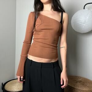 the range orange terracotta ribbed knit one shoulder flared sleeve fitted top